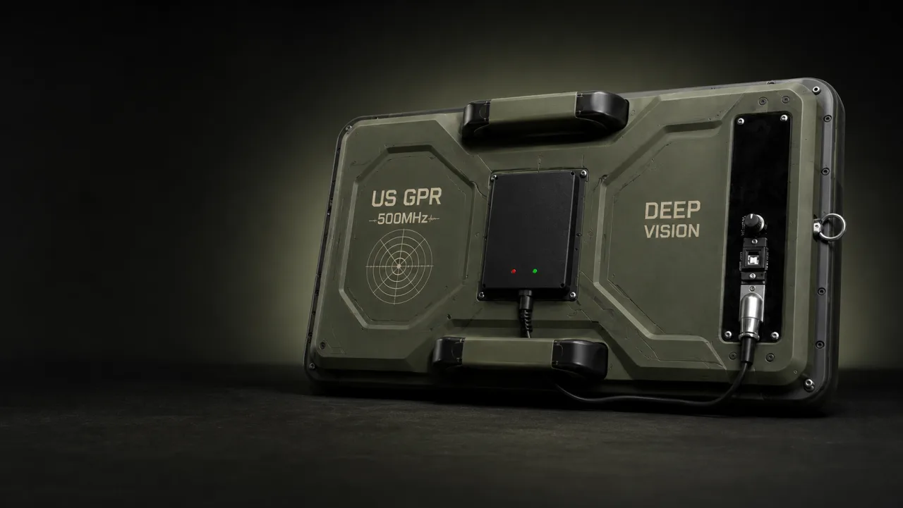 US GPR 500 MHz Deep Vision yer radarı; taşıma kolları ve bağlantı paneli